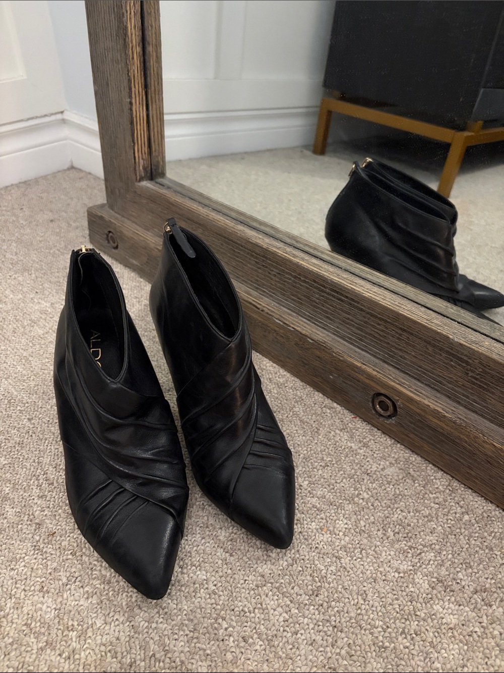 Aldo Black Pointed Leather Ankle Booties with Ruched Detail
